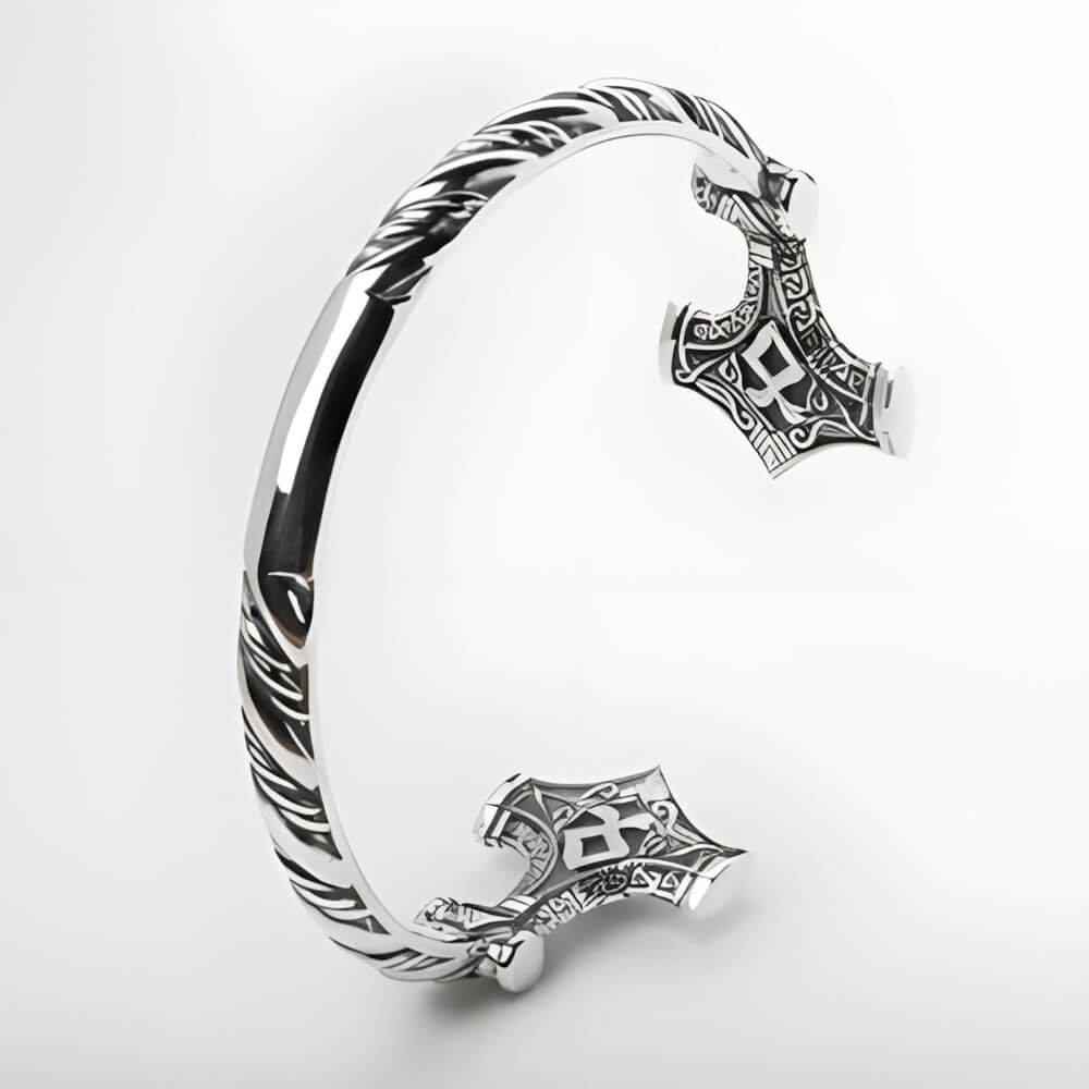 Silver Mjolnir Rune Hammer Open Cuff Viking Bracelet with intricate Norse patterns and twin hammerhead ends.