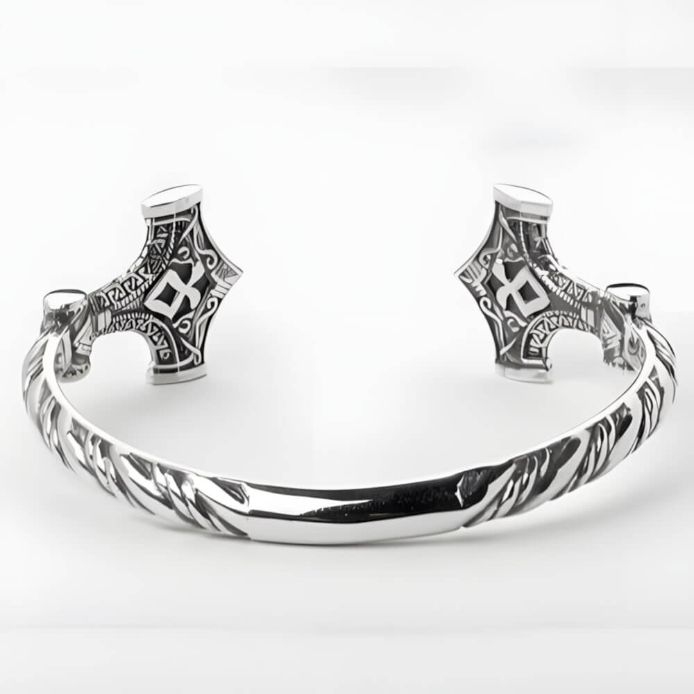 Mjolnir Rune Hammer Open Cuff Viking Bracelet