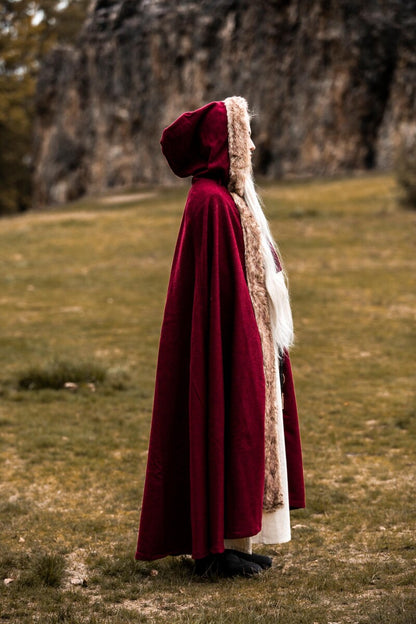 Red Viking Cloak | Hooded with Faux Fur Trim