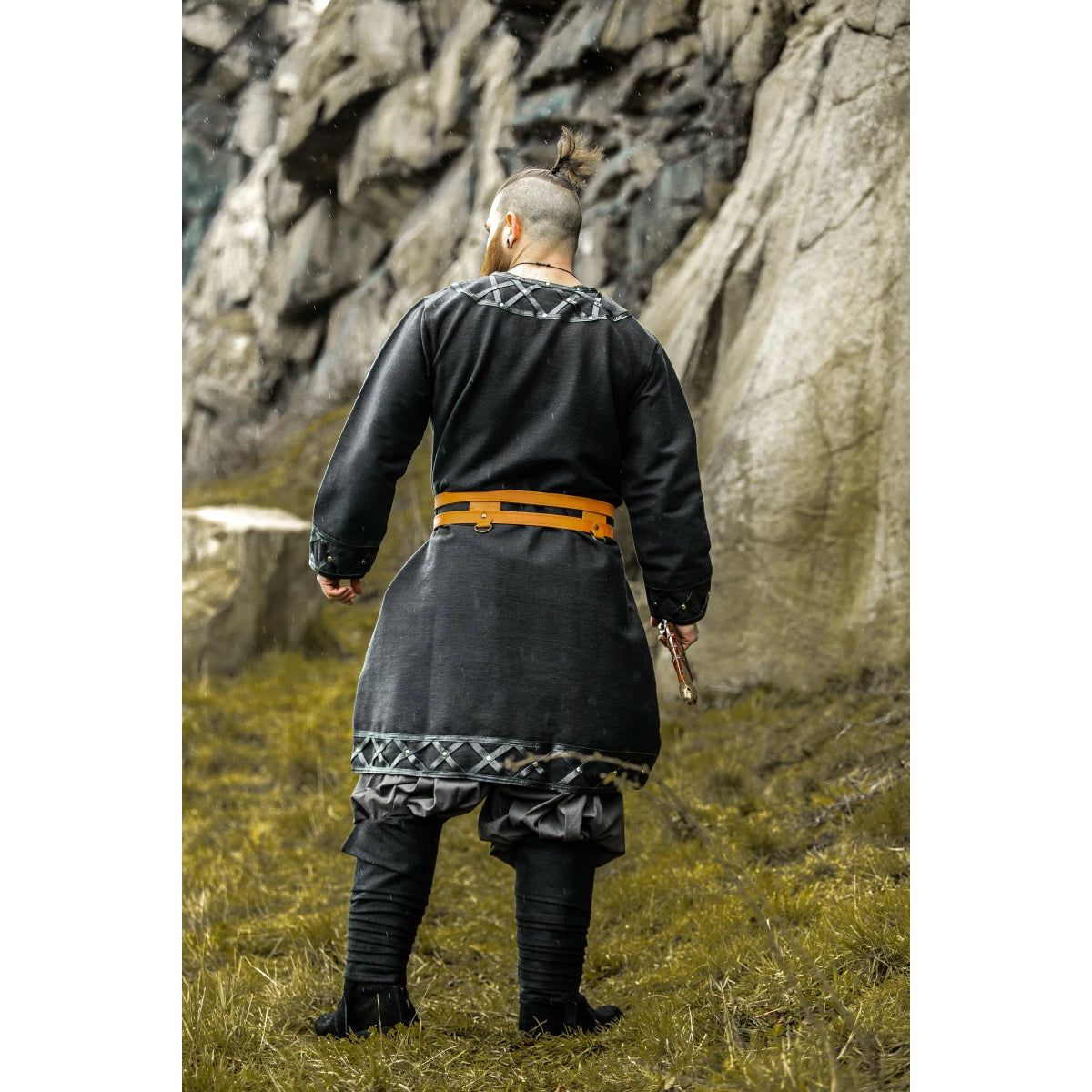 long viking tunic with leather trim