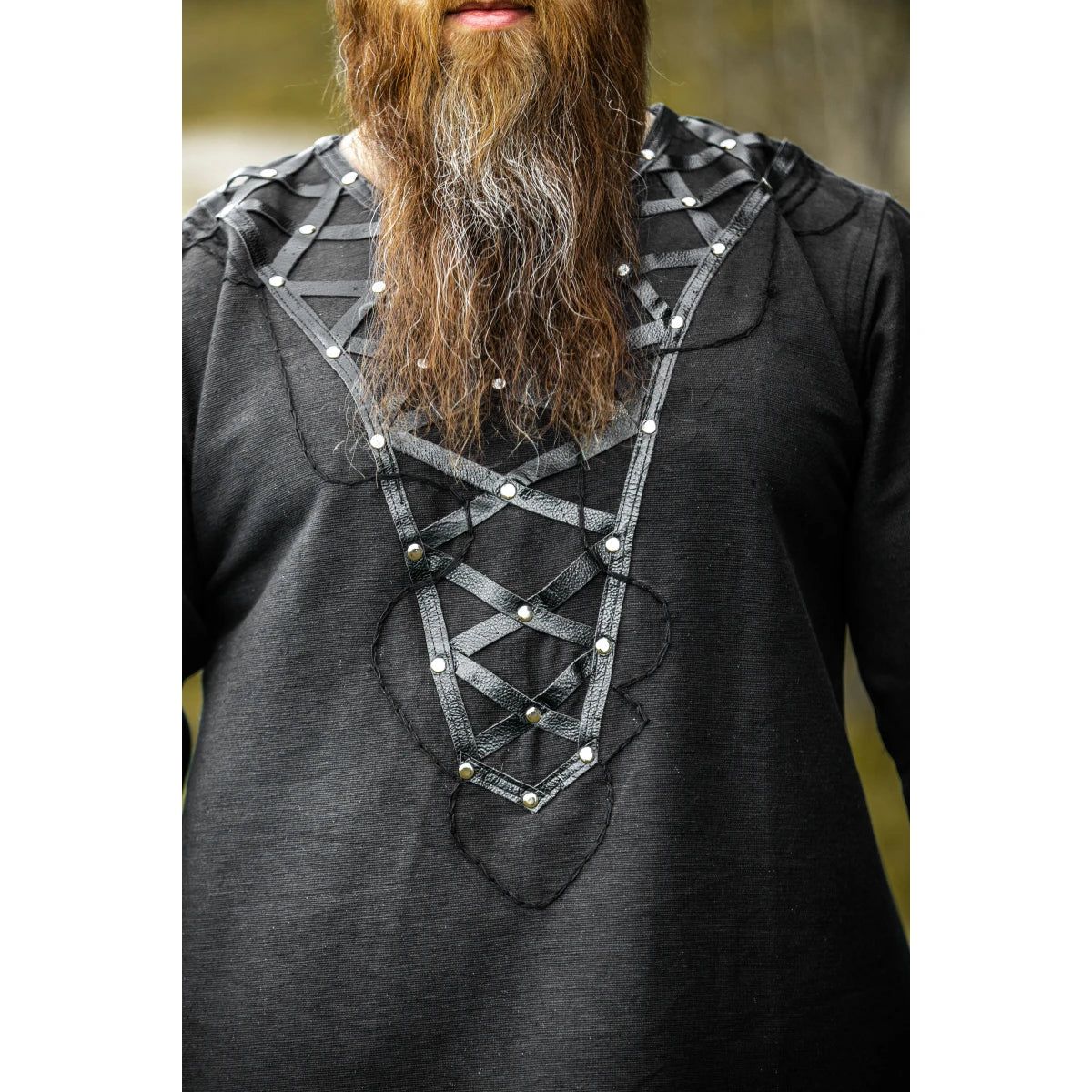 black long sleeve viking tunic with leather trim