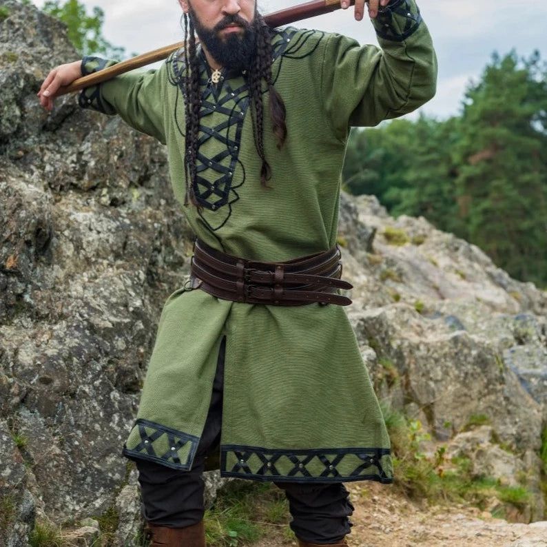 green viking tunic with leather trim