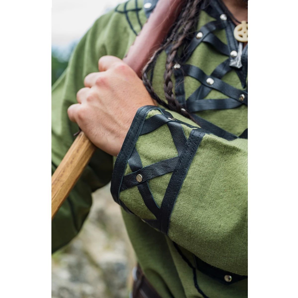 Long Sleeve Viking Tunic Embellished with Leather Trim
