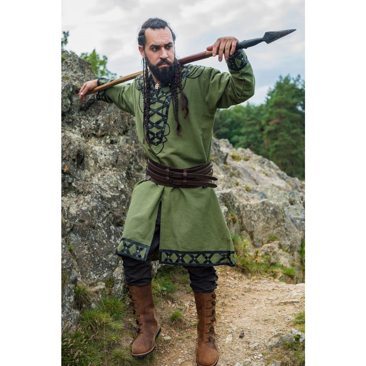100% cotton green viking tunic with leather trim 