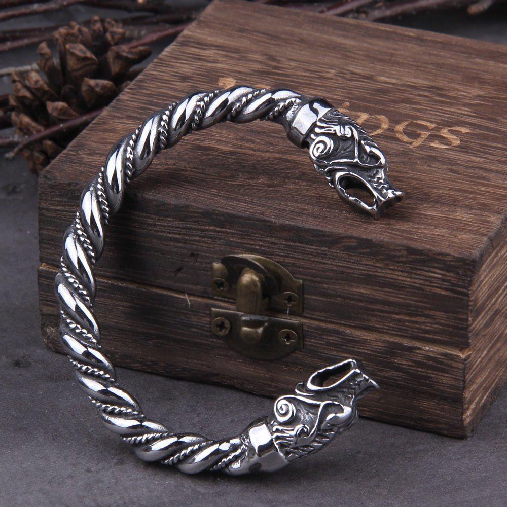 Nordic Bear Twisted Steel Torc Bracelet with box