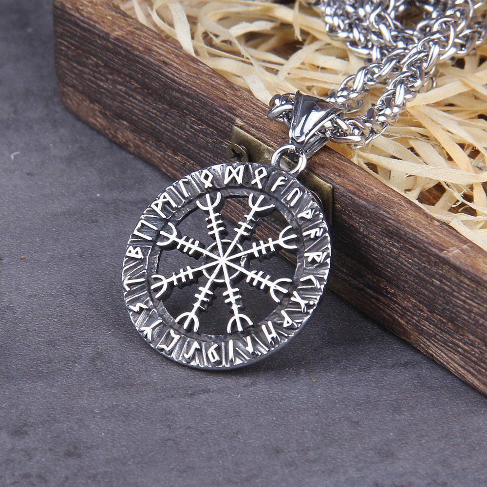 Norse Helm of Awe Futhark Amulet Viking Medallion Necklace