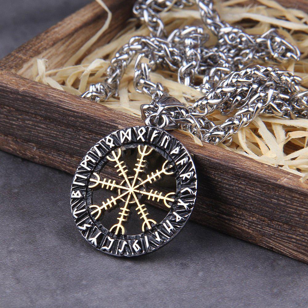 Norse Helm of Awe Futhark Amulet Viking Medallion Necklace