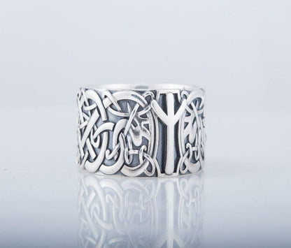 Norse Ornament Ring with Algiz Rune Sterling Silver Jewelry-1