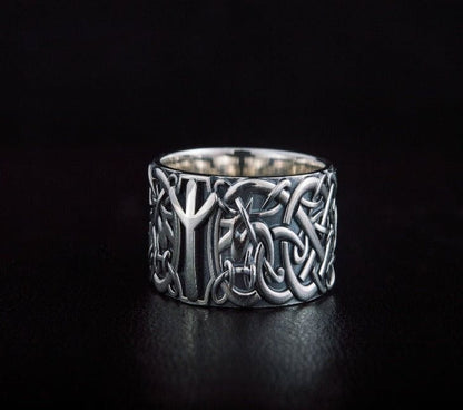 Norse Ornament Ring with Algiz Rune Sterling Silver Jewelry-2