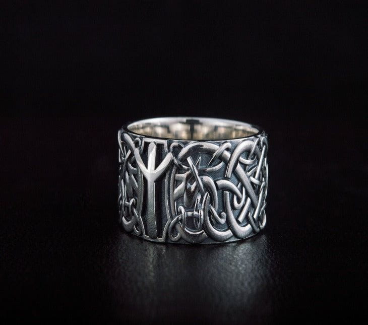 Norse Ornament Ring with Algiz Rune Sterling Silver Jewelry-2
