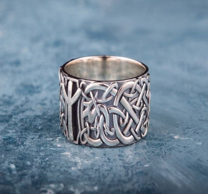 Norse Ornament Ring with Algiz Rune Sterling Silver Jewelry-3