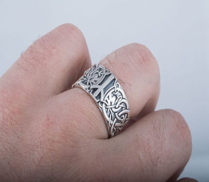 Norse Ornament Ring with Algiz Rune Sterling Silver Jewelry-4