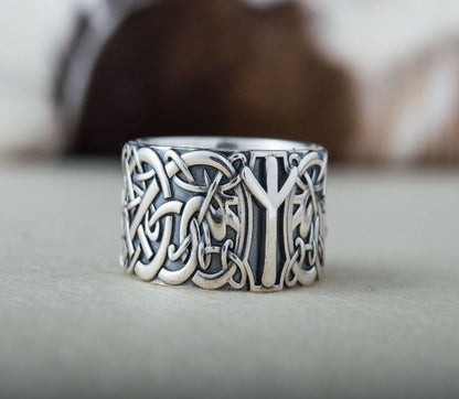 Norse Ornament Ring with Algiz Rune Sterling Silver Jewelry-5