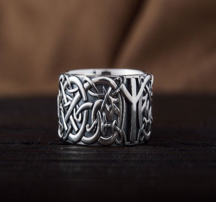 Norse Ornament Ring with Algiz Rune Sterling Silver Jewelry-6