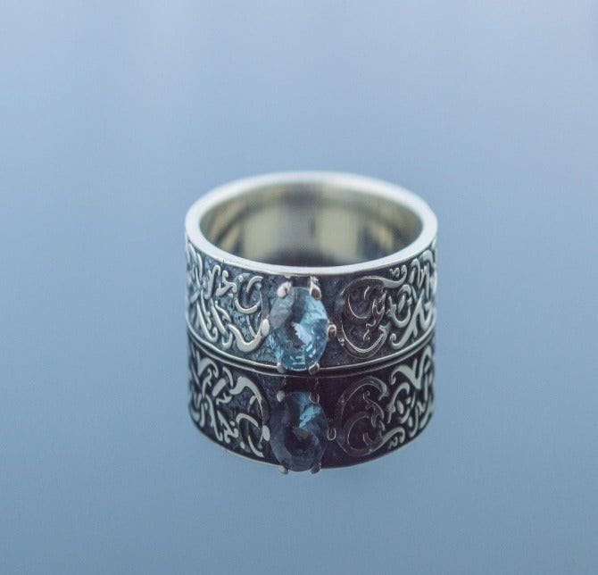 Norse Ornament Ring with Cubic Zirconia Sterling Silver Handmade Jewelry-1
