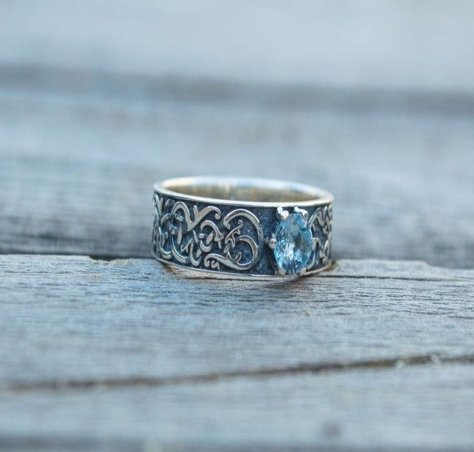 Norse Ornament Ring with Cubic Zirconia Sterling Silver Handmade Jewelry-2