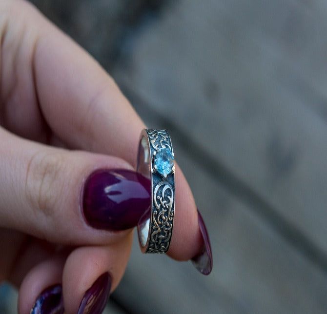 Norse Ornament Ring with Cubic Zirconia Sterling Silver Handmade Jewelry-5