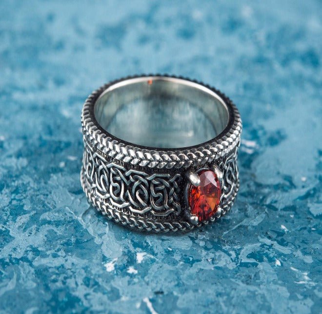 Norse Ornament Ring with CZ Sterling Silver Handmade Viking Jewelry-3