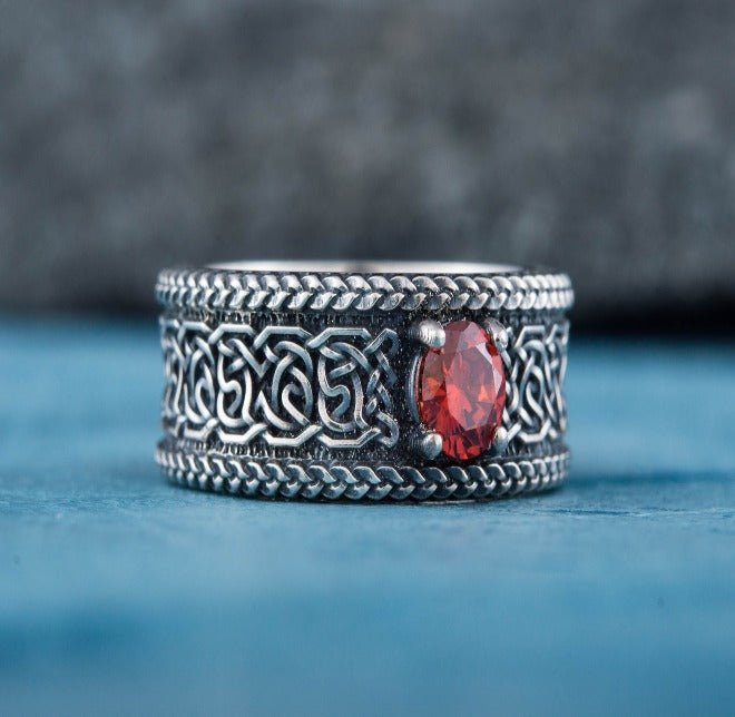 Norse Ornament Ring with CZ Sterling Silver Handmade Viking Jewelry-5