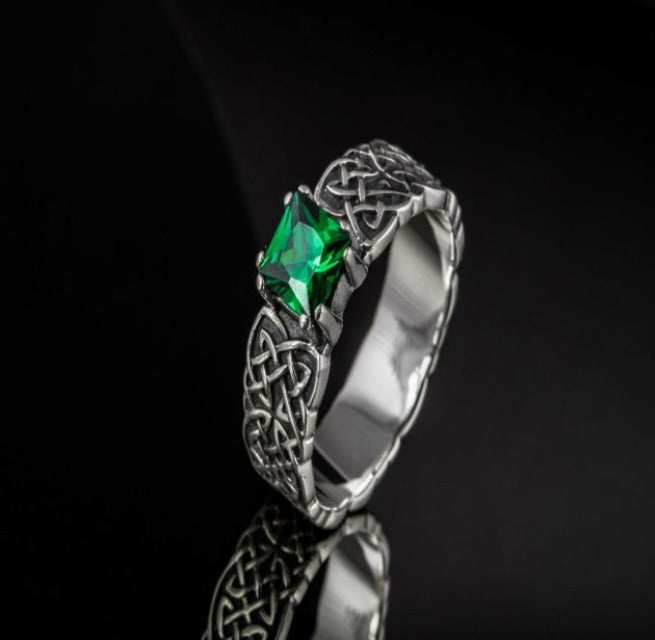 Norse Ornament Ring with Green Cubic Zirconia Sterling Silver Handmade Jewelry-2