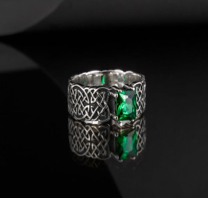 Norse Ornament Ring with Green Cubic Zirconia Sterling Silver Handmade Jewelry-3