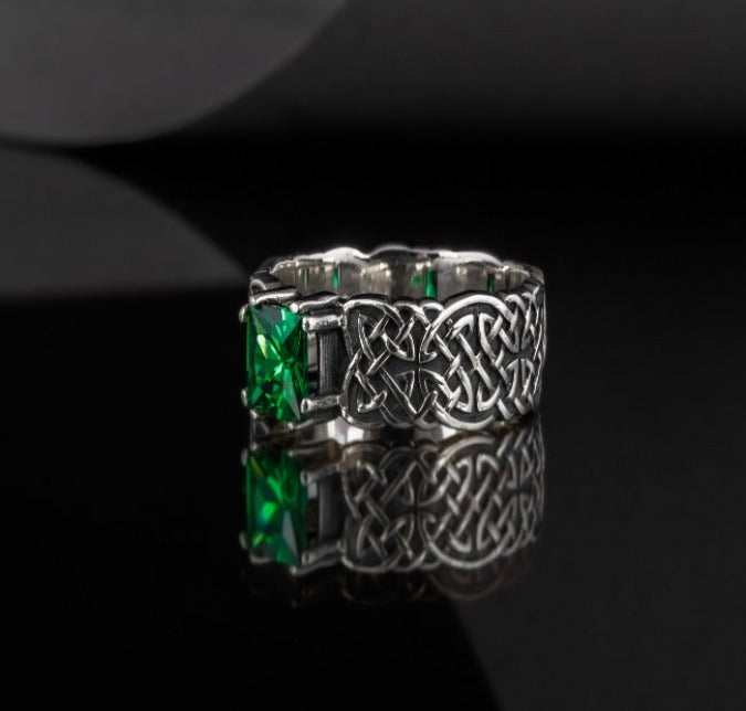 Norse Ornament Ring with Green Cubic Zirconia Sterling Silver Handmade Jewelry-4