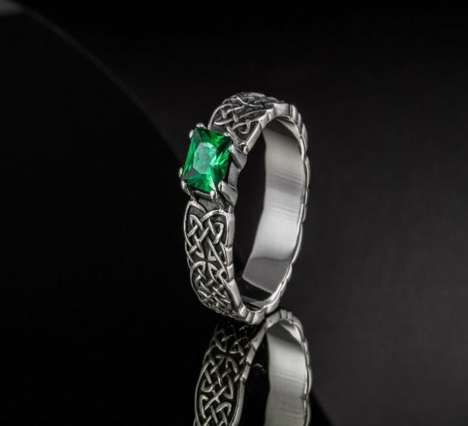 Norse Ornament Ring with Green Cubic Zirconia Sterling Silver Handmade Jewelry-5