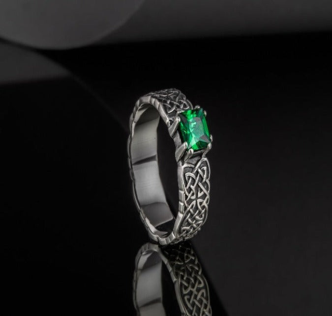 Norse Ornament Ring with Green Cubic Zirconia Sterling Silver Handmade Jewelry-6
