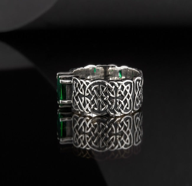 Norse Ornament Ring with Green Cubic Zirconia Sterling Silver Handmade Jewelry-7
