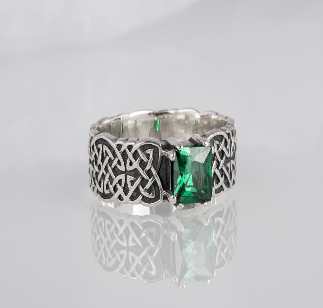 Norse Ornament Ring with Green Cubic Zirconia Sterling Silver Handmade Jewelry-8