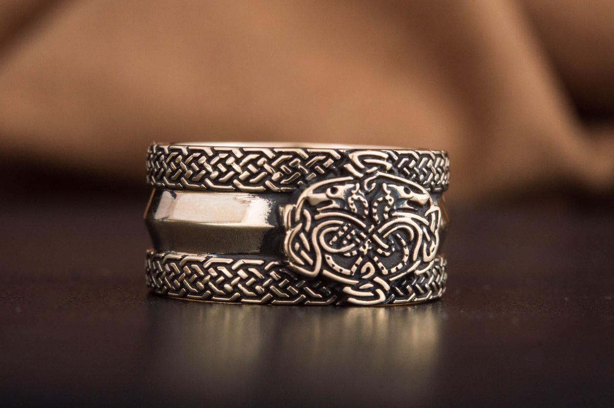 Norse Ornament Ring with Wolves Bronze Viking Jewelry-2
