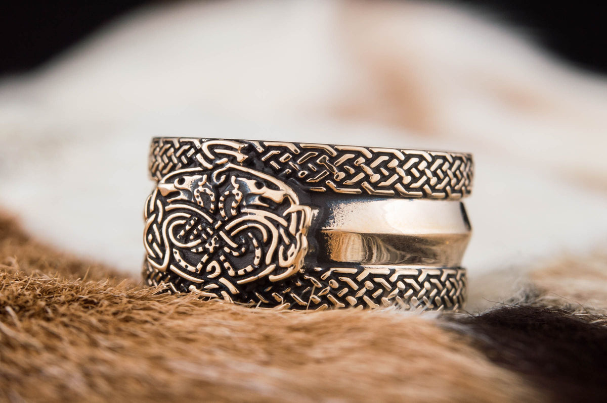 Norse Ornament Ring with Wolves Bronze Viking Jewelry-5