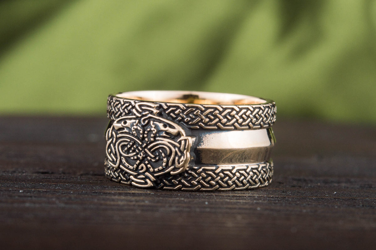 Norse Ornament Ring with Wolves Bronze Viking Jewelry-6