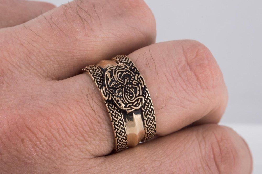 Norse Ornament Ring with Wolves Bronze Viking Jewelry-7