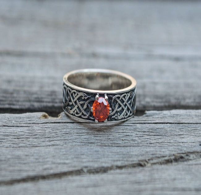 Norse Ring with Green Cubic Zirconia Sterling Silver Handmade Jewelry-2