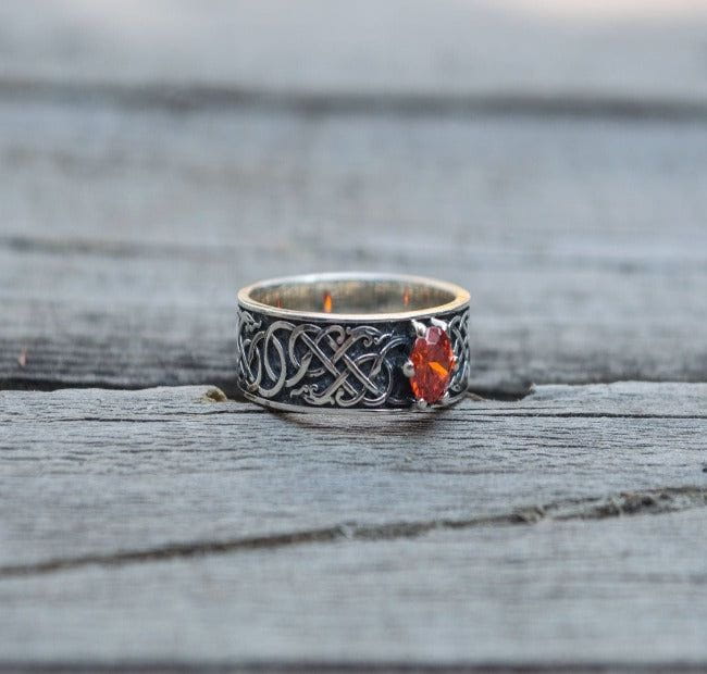 Norse Ring with Green Cubic Zirconia Sterling Silver Handmade Jewelry-3