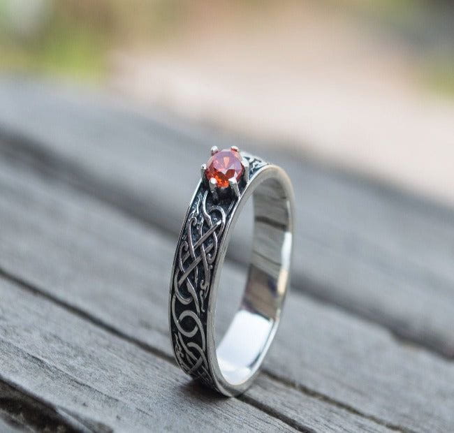 Norse Ring with Green Cubic Zirconia Sterling Silver Handmade Jewelry-4