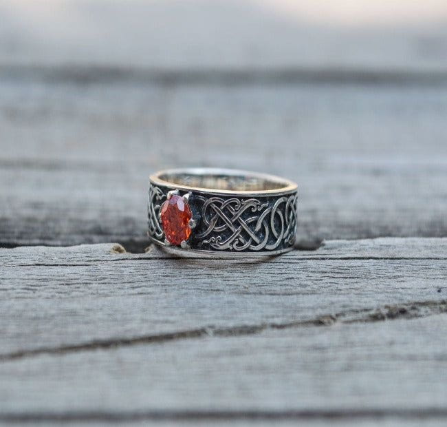 Norse Ring with Green Cubic Zirconia Sterling Silver Handmade Jewelry-5