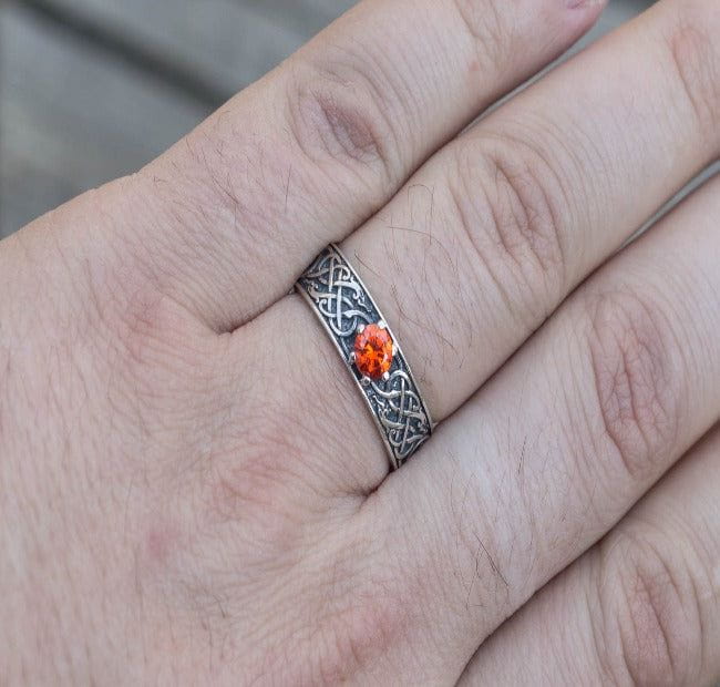 Norse Ring with Green Cubic Zirconia Sterling Silver Handmade Jewelry-7