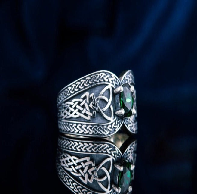 Norse Ring with Green Gem Sterling Silver Jewelry-2
