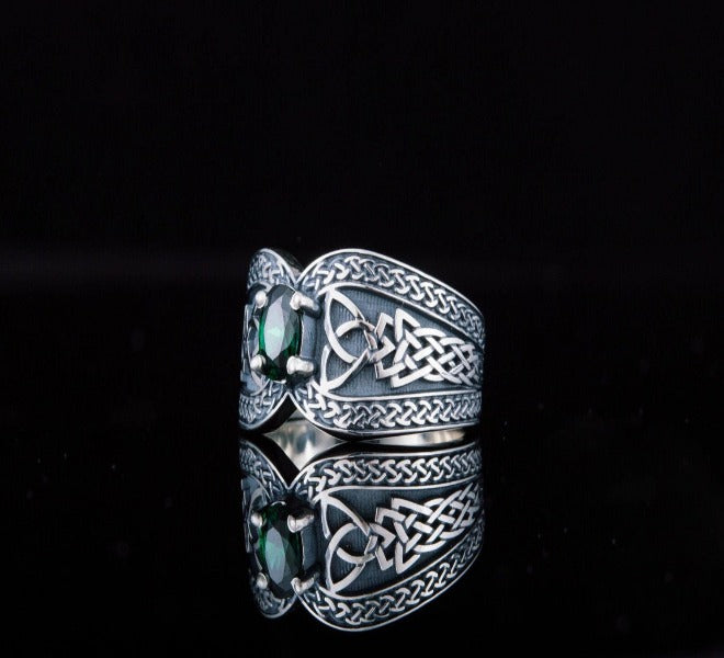 Norse Ring with Green Gem Sterling Silver Jewelry-3