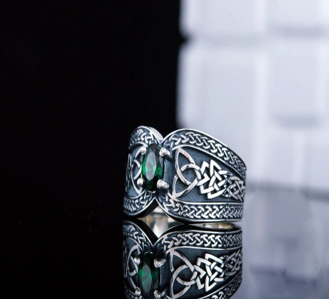 Norse Ring with Green Gem Sterling Silver Jewelry-4