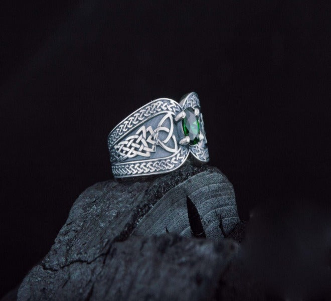 Norse Ring with Green Gem Sterling Silver Jewelry-5