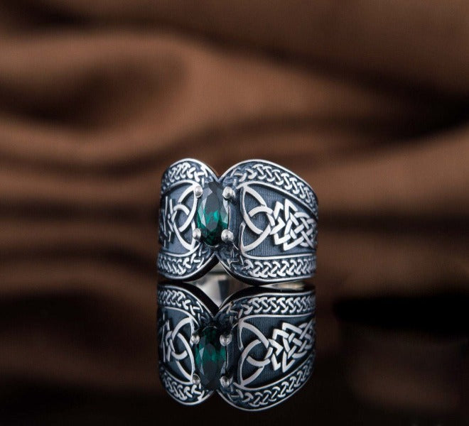 Norse Ring with Green Gem Sterling Silver Jewelry-6