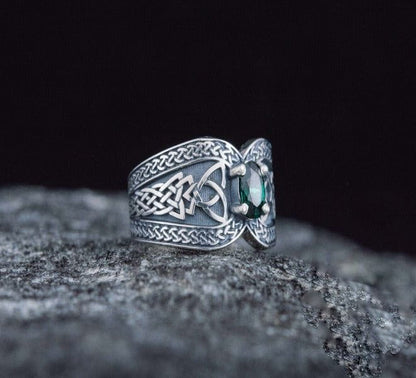 Norse Ring with Green Gem Sterling Silver Jewelry-7