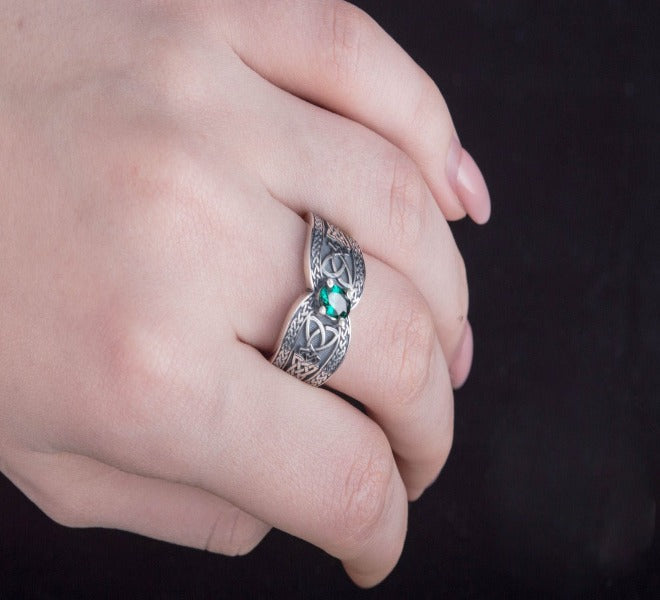 Norse Ring with Green Gem Sterling Silver Jewelry-8