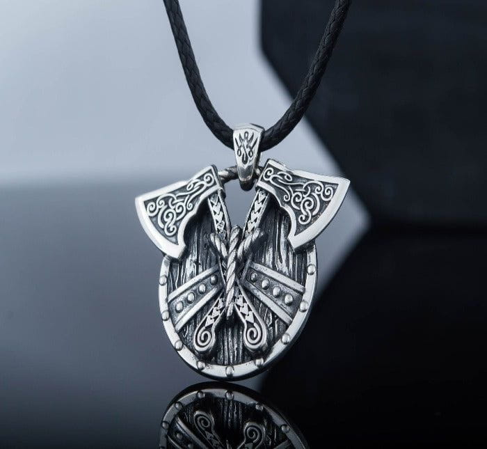 Norse Shield with Axes Pendant Sterling Silver Viking Jewelry-1