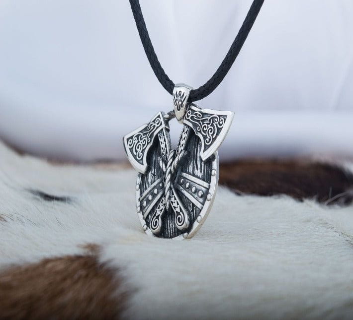 Norse Shield with Axes Pendant Sterling Silver Viking Jewelry-2