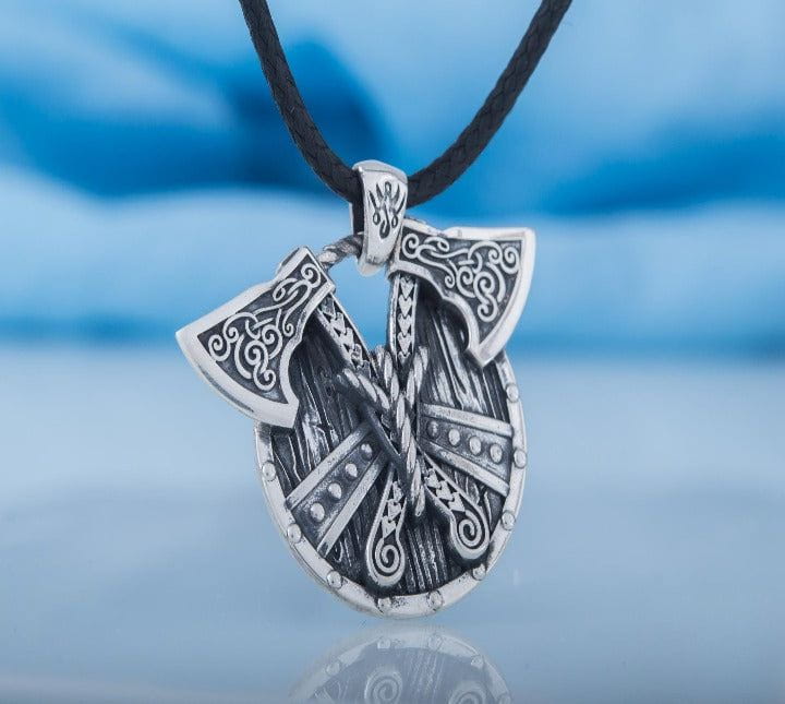 Norse Shield with Axes Pendant Sterling Silver Viking Jewelry-3
