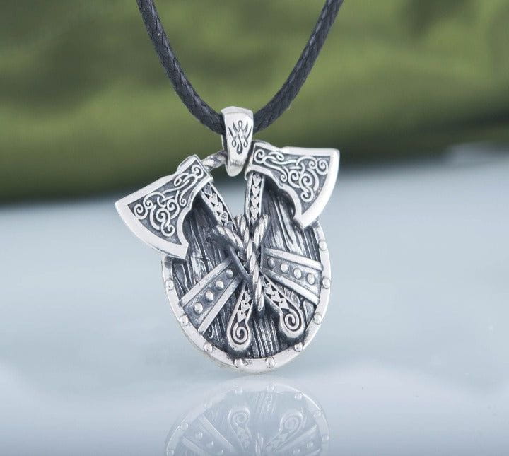 Norse Shield with Axes Pendant Sterling Silver Viking Jewelry-4